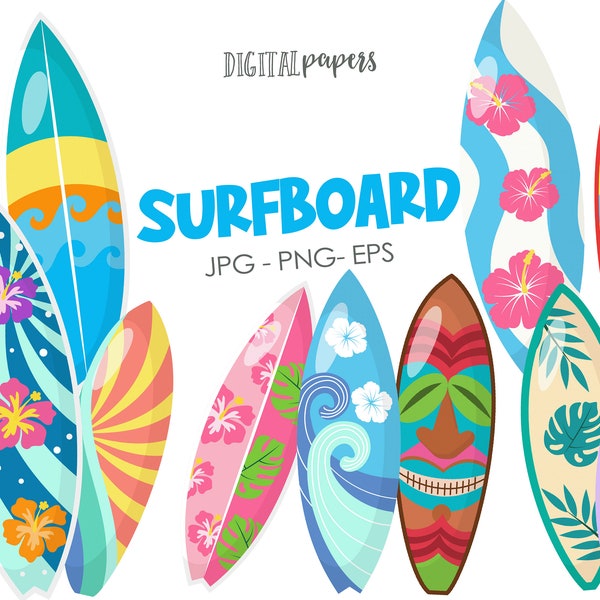 Surfboard Clipart, Surf Clipart, Surfing Clipart, Summer, Beach Clipart, Surfing Board, Vector, Commercial, INSTANT DOWNLOAD