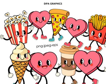 Valentine's Day Food Couple PNG, Retro Clipart, Pizza Clipart, Ice Cream png, Fries, Coffee Clipart, Instant Download