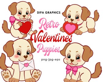 Valentinstag Welpe Clipart: Retro Hund Grafiken (PNG, JPEG, EPS)