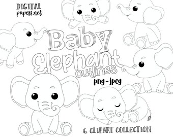 Baby Elephant Outlines Clipart: PNG, JPEG Vector Art (Digital Download)