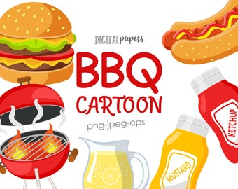 Clipart de dibujos animados de barbacoa: hamburguesa, perrito caliente y limonada (descarga instantánea)