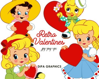 Retro Valentinstag Clipart: Cowboy, Entlein Doodles (PNG, JPEG, EPS Instant Download)