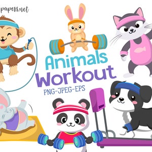 Workout Clipart Cute Animals Elephant Monkey Bunny Kitty Dog Panda Gym Clipart Sports Commercial Vector Sublimation INSTANT DOWNLOAD