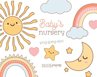 Baby Nursery Clipart: Sun, Moon, Rainbow Graphics (Digital Download)