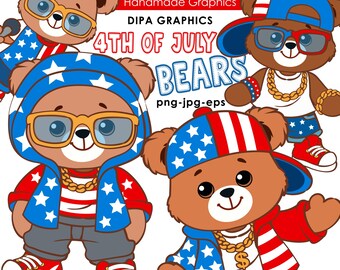 4. Juli Bär, Clipart-Bundle: Teddybär PNG, JPG, EPS (Digitaler Download)