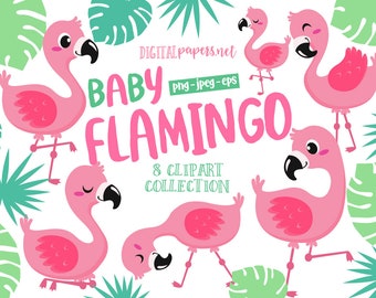 May include: A digital clipart collection of eight pink baby flamingos with black eyes and beaks. The flamingos are in various poses, including standing, walking, and stretching their necks. The background is white with green tropical leaves.