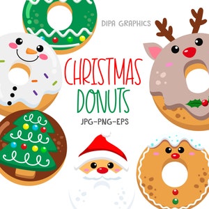 Christmas Donuts Clipart, Snowman, Reindeer, Santa Claus, Gingerbread man, Sublimation PNG Instant Download