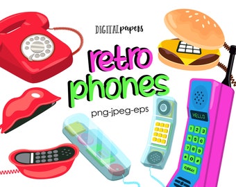 90s Phones Clipart, 90s Party, Nostalgia, Retro Clipart, Phone Clipart, Vintage, Graphic Elements, Vector, Commercial, INSTANT DOWNLOAD