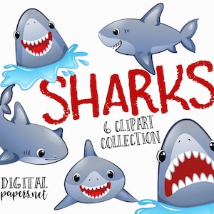 K&ouml;nnte beinhalten: Ein Set mit sechs Cartoon-Hai-Illustrationen. Die Haie sind blau und grau mit wei&szlig;en Augen und Z&auml;hnen. Das Wort "SHARKS" ist in roten Buchstaben mit einem abgenutzten Look geschrieben. Der Text "6 CLIPART COLLECTION" ist in schwarzen Buchstaben unter dem Wort "SHARKS" geschrieben.