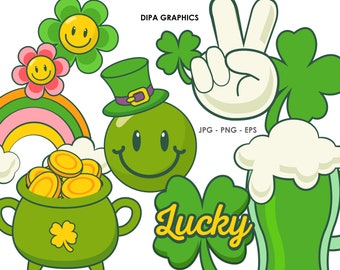 Retro St Patricks Cartoon Clipart, Bunny, Clover png, Rainbow Clipart, Shamrock PNG, Commercial Use, Instant Download