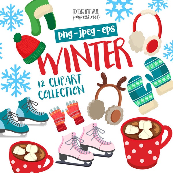 Winter Clipart, Ice Skating Clipart, Snow Clip Art, PNG Clipart, Vector, Hot Cocoa, Gloves, Hat Clipart, Commercial, Instant Download