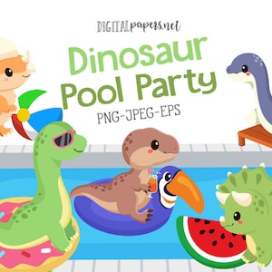 Pool Party Dinosaurs, Pool Party, Arbuz, Triceratops, Trex, Tucan, Pływak, Lato, Grafika wektorowa, Użytek komercyjny, NATYCHMIASTOWE POBIERANIE