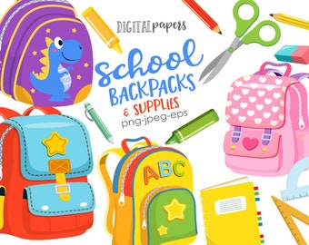 School Backpacks, Back to School Clipart, Backpack Design, School Supplies, Pencil, Scissors, Vector, Commercial Use, Instant Download