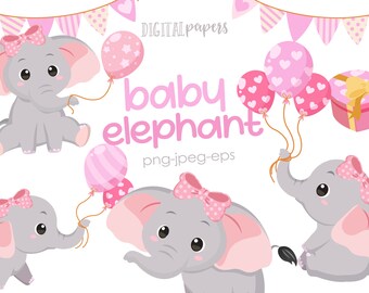 Baby Elephant Clipart, Elephant Graphics, Balloon Clipart, Baby Shower Clipart, Jungle Clipart, Vector, Commercial, INSTANT DOWNLOAD