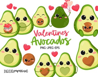 Valentine&#39;s Day Avocado Clipart, Cute Avocado Clipart, Heart, Love, Guacamole Clipart, Instant Download, COMMERCIAL, INSTANT DOWNLOAD