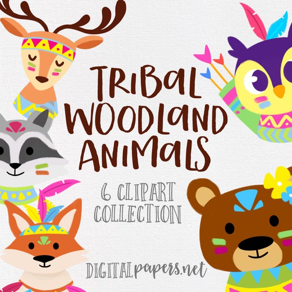 Tribal Woodland Animals Clipart, Neon Forest Animals, Deer, Owl, Fox, Bear, Digital Clipart, COMMERCIAL use allowed, INSTANT DOWNLOAD