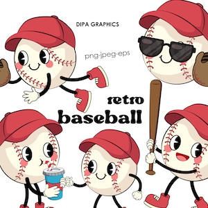 K&ouml;nnte beinhalten: F&uuml;nf Cartoon-Baseballs mit roten Kappen und wei&szlig;en N&auml;hten. Jeder Baseball hat einen anderen Ausdruck und h&auml;lt ein anderes Objekt, darunter eine Sonnenbrille, einen Schl&auml;ger, einen Handschuh, ein Getr&auml;nk und einen Baseballhandschuh. Der Text "retro baseball" ist in schwarzen Buchstaben unter den Baseballs geschrieben.