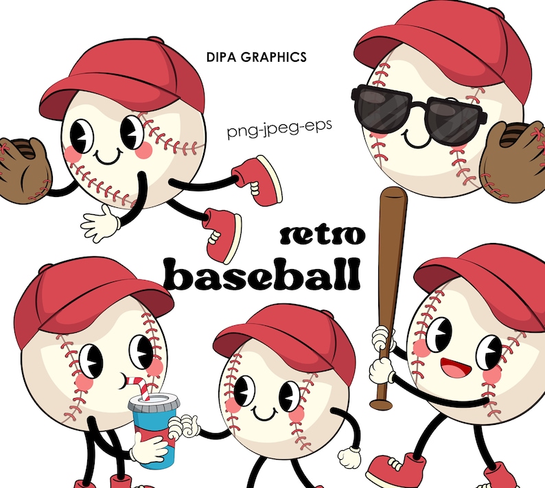 K&ouml;nnte beinhalten: F&uuml;nf Cartoon-Baseballs mit roten Kappen und wei&szlig;en N&auml;hten. Jeder Baseball hat einen anderen Ausdruck und h&auml;lt ein anderes Objekt, darunter eine Sonnenbrille, einen Schl&auml;ger, einen Handschuh, ein Getr&auml;nk und einen Baseballhandschuh. Der Text "retro baseball" ist in schwarzen Buchstaben unter den Baseballs geschrieben.