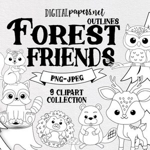 Woodland Animals Clipart Outlines, Forest Digital Stamps, Deer, Owl, Racoon, Coloring Pages, PNG Clipart, Commercial Use, Instant Download