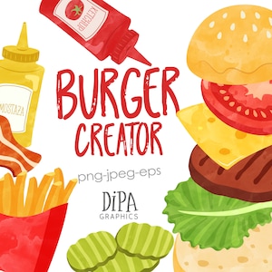 Burger Clipart BBQ Backyard Fast Food Clipart Fries Ketchup Mustard Bacon Pickles Bread Lettuce Tomato Cheese Commercial INSTANT DOWNLOAD