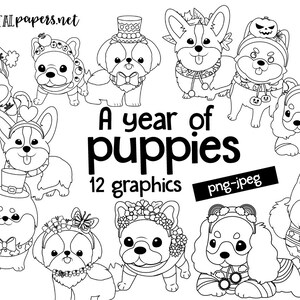 A Year of Puppies Outlines Clipart, Valentines Day, St Patricks, Halloween, Christmas, Digital Stamps, COMMERCIAL use, INSTANT DOWNLOAD