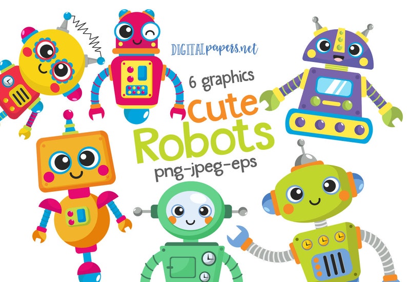 Cute Robots Clipart, Robot Clipart, Toy Clip art, COMMERCIAL use allowed, INSTANT DOWNLOAD image 1