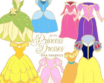 Princess Dress Clipart: Cinderella, Snow White Graphics (PNG, JPEG, Instant Download)