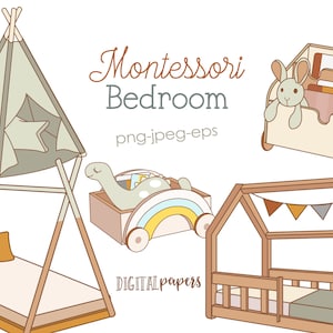 Imágenes Prediseñadas de guardería Montessori, imágenes prediseñadas de guardería, libros, estante de libros, Tipi, imágenes prediseñadas de bebé, imágenes prediseñadas de juguete de madera, Vector, comercial, DESCARGA INSTANTE