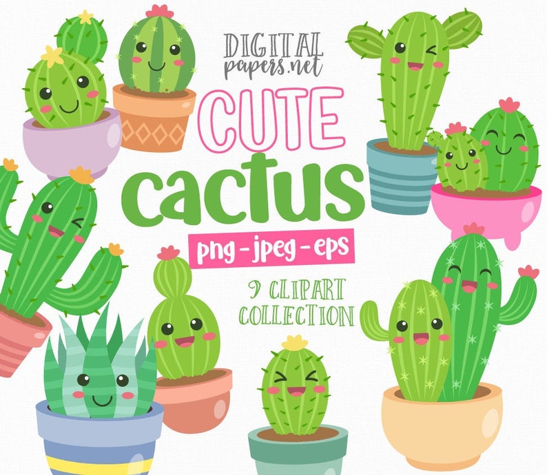 May include: A collection of nine cartoon cactus illustrations in various pots. The cacti are green with smiling faces and small pink or yellow flowers. The text "CUTE cactus" is displayed in pink and green.