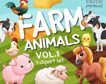 Farm Animals Clipart: Pig, Cow, Horse, Chicken (Instant Download)