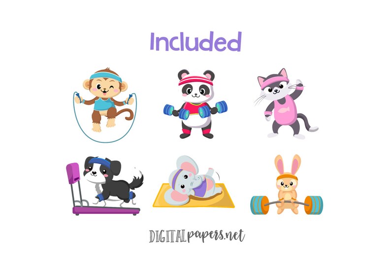 Workout Clipart Cute Animals Elephant Monkey Bunny Kitty Dog Panda Gym ...
