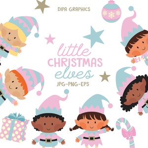 May include: Six cartoon Christmas elves with pink and blue hats, wearing green and blue outfits. The elves are surrounded by stars, a candy cane, a gift box, and a Christmas bauble. The text "little CHRISTMAS elves" is written in pink and blue letters.