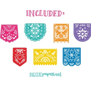 May include: Set of eight colorful paper cutouts with various designs, including flowers, birds, and hearts. The cutouts are in the style of traditional Mexican paper decorations, known as "papel picado".