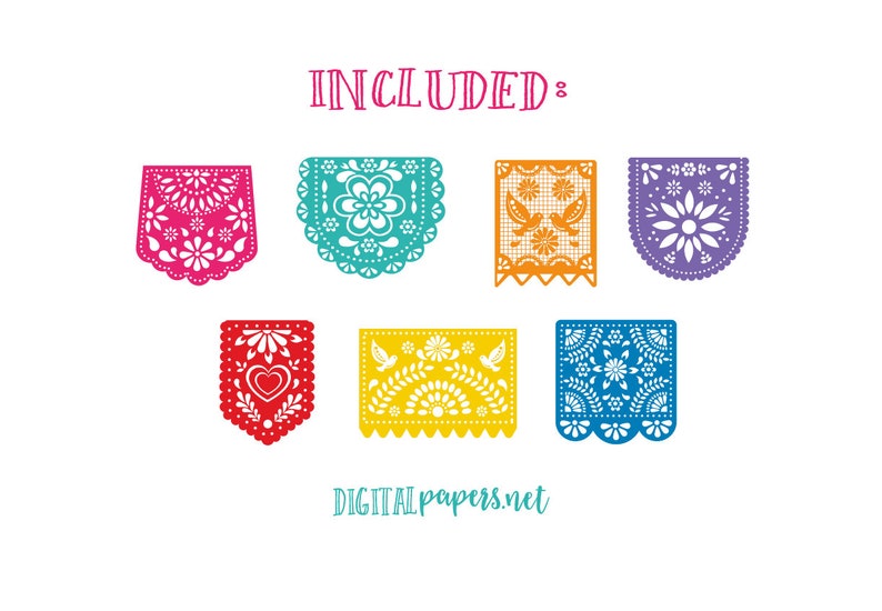 May include: Set of eight colorful paper cutouts with various designs, including flowers, birds, and hearts. The cutouts are in the style of traditional Mexican paper decorations, known as "papel picado".
