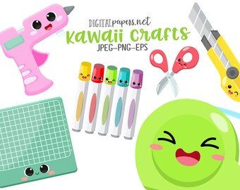 Kawaii School Clipart: Craft Supplies Vector Graphics (PNG, EPS)