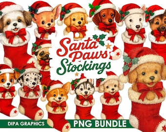 Vintage Weihnachten Welpe PNG Clipart: Santa Paws Stockings (Instant Download)