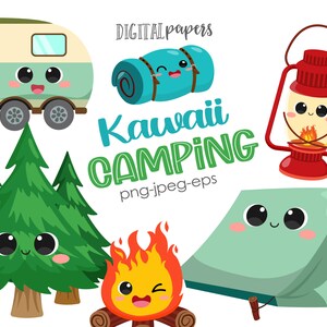 Camping Kawaii Clipart, Tree, Camper, Woods, fireplace, fire pit, lamp, tent, Summer, Vacation, Travel, Commercial, INSTANT DOWNLOAD