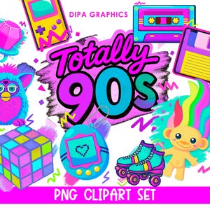 以下が含まれることがあります： 90年代をテーマにしたアイコンが描かれた鮮やかなデジタルイラスト。ファービー、ルービックキューブ、ローラースケート、たまごっち、カセットテープ、フロッピーディスク、トロール人形、指輪、携帯ゲーム機が含まれています。「Totally 90s」と「PNG Clipart Set」の文字。