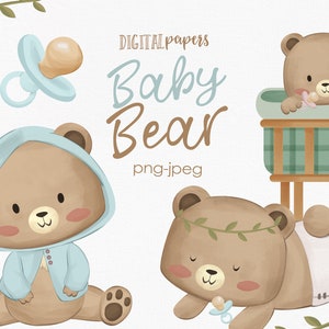 Baby Bear Clipart, Bear Watercolor Clipart, Baby Shower Clipart, Baby Boy, Baby Nursery, Commercial, INSTANT DOWNLOAD