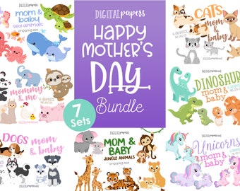 Mothers Day Clipart Bundle, Dinosaur, Puppies, Kitties, Sea Animals, Jungle Animals, Unicorn, Sloth, Mother's Day Gift, INSTANT DOWNLOAD