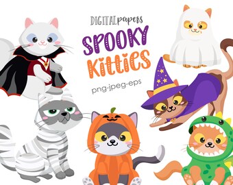 Spooky Kitties, Halloween Kitty, Mummy, Pumpkin, Witch, Costume Party, Vampire, Halloween Party, Cat Costume, Commercial, INSTANT DOWNLOAD