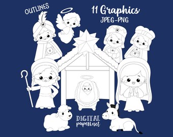 May include: Black and white outline illustrations of a nativity scene with a star, angel, three wise men, a donkey, a sheep, Mary, Joseph, and baby Jesus in a manger. The text "OUTLINES" and "11 Graphics JPEG-PNG" is included in the image.