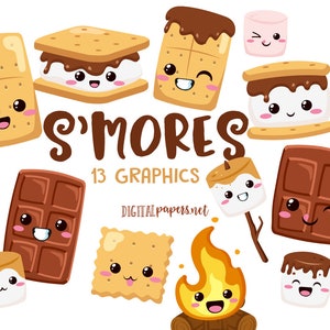 S'mores Clipart, Kawaii Smores, Camping Clipart, Chocolate, Marshmallow, Cookje Clipart, Commercial use allowed, INSTANT DOWNLOAD