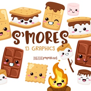 S&#39;mores Clipart, Kawaii Smores, Camping Clipart, Chocolate, Marshmallow, Cookje Clipart, Commercial use allowed, INSTANT DOWNLOAD