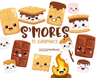 S'mores Clipart, Kawaii Smores, Camping Clipart, Chocolate, Marshmallow, Cookje Clipart, Commercial use allowed, INSTANT DOWNLOAD