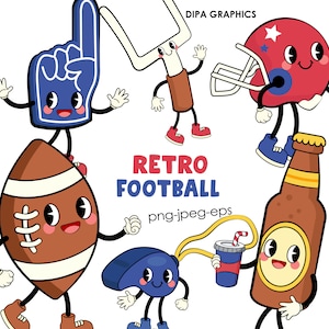 Retro Football Clipart, Football PNG Sublimation Clipart, Cartoon, Sports Clipart, Ball, Helmet, Whistle, Beer, Commercial Use