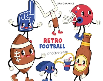 Retro Football Clipart, Football PNG Sublimation Clipart, Cartoon, Sports Clipart, Ball, Helmet, Whistle, Beer, Commercial Use