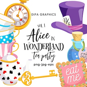 Alicja w Krainie Czarów Clipart, Vol 1, Grafika wektorowa, Clipart Tea Party, Klucz, Mikstura, Babeczka, Użytek komercyjny, Natychmiastowe pobieranie