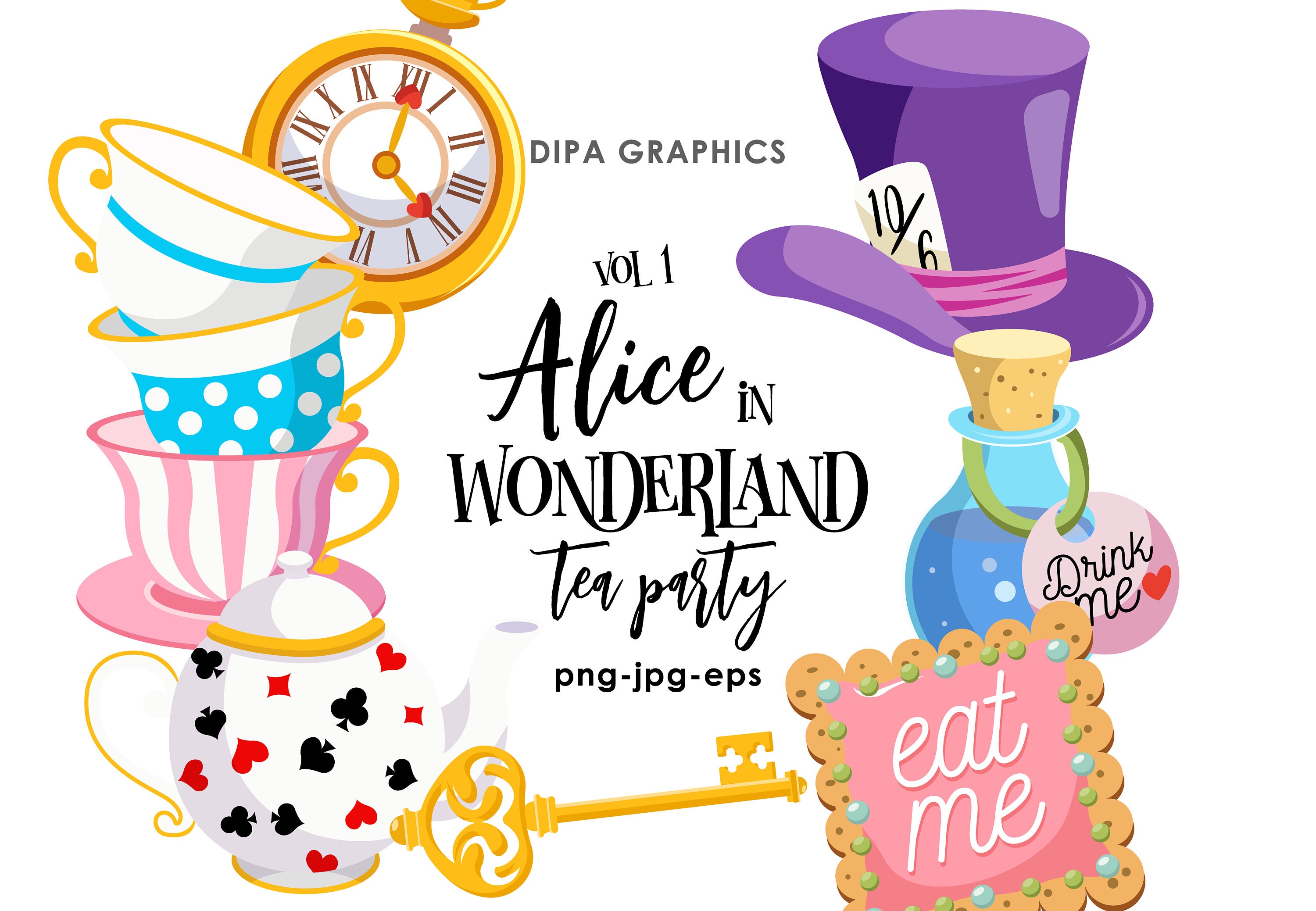 Alice in Wonderland Clipart, Vol 1, Vector Graphics, Tea Party Clipart, Key, Potion, Cupcake, Commercial Use, Instant Download