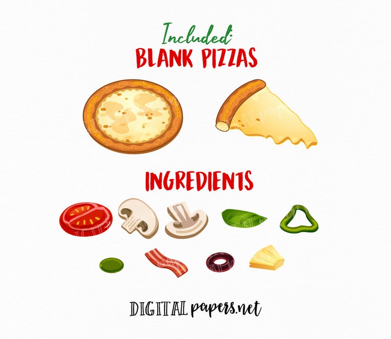 May include: A colourful illustration featuring blank pizzas and pizza ingredients. Includes a whole pizza and a slice, plus tomato, mushroom, basil, bell pepper, olive, bacon, onion, and pineapple. Text reads "Included Blank Pizzas" and "Ingredients".